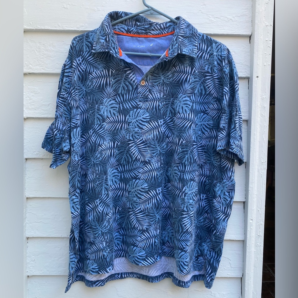 Caribbean Joe Blue Leaf Print Short Sleeve Shirt